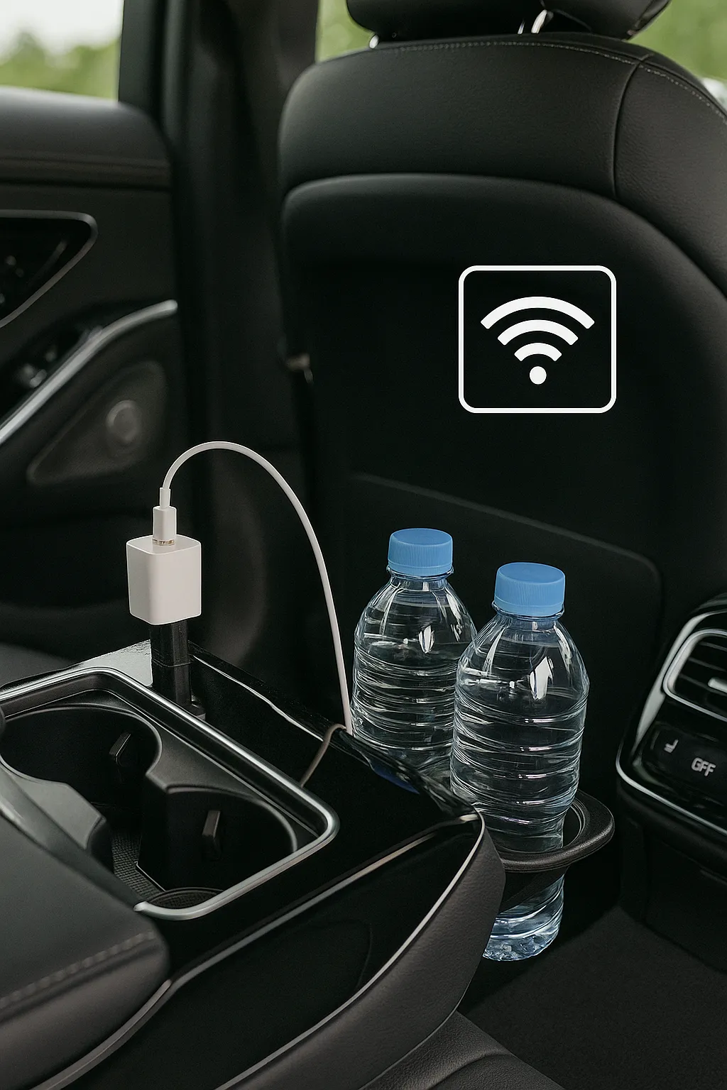 Eau, chargeurs, climatisation, Wi-Fi à bord